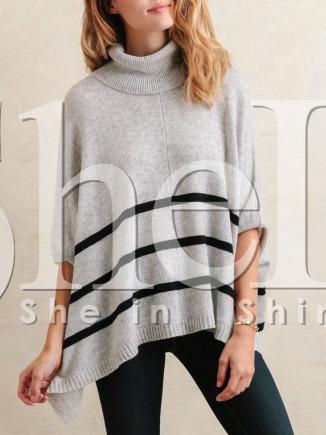 Shein Grey High Neck Striped Sweater