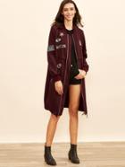 Shein Burgundy Zip Up Bomber Coat With Embroidered Patch Detail