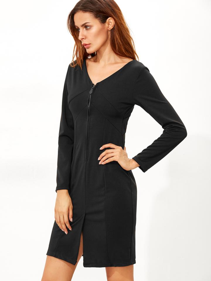 Shein Black V Neck Slit Front Zipper Sheath Dress