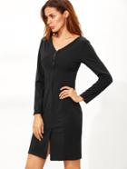 Shein Black V Neck Slit Front Zipper Sheath Dress