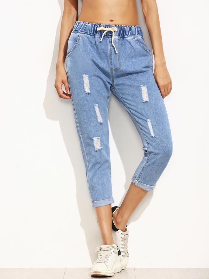 Shein Blue Ripped Roll Hem Drawstring Jeans