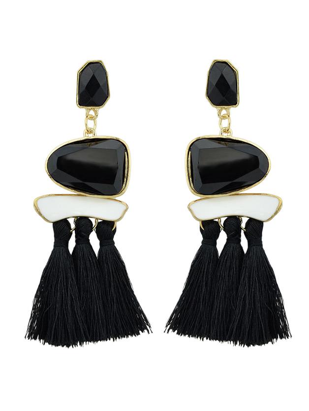 Shein Black Bohemian Style Ethnic Statement Big Tassel Drop Earrings