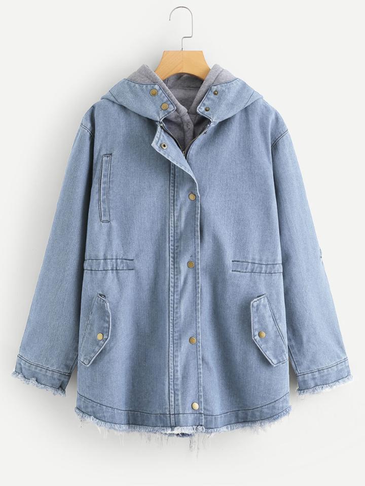 Shein Raw Hem Denim Coat With Hooded Vest