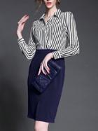 Shein Blue Lapel Vertical Stripe Slim Dress