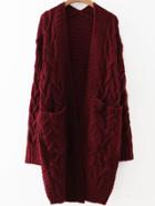 Shein Red Cable Knit Front Pocket Long Sweater Coat