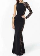 Rosewe Charming One Sleeve Lace Splicing Black Maxi Dress