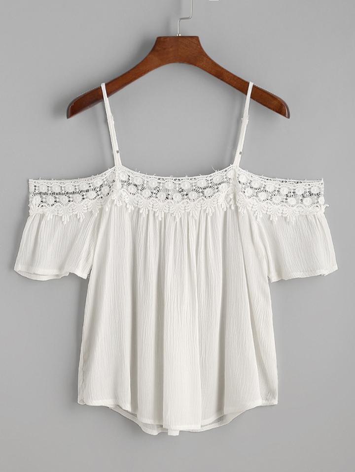 Shein White Contrast Crochet Trim Cold Shoulder Top