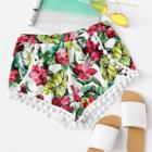 Shein Pompom Embellished Flower Print Swim Shorts