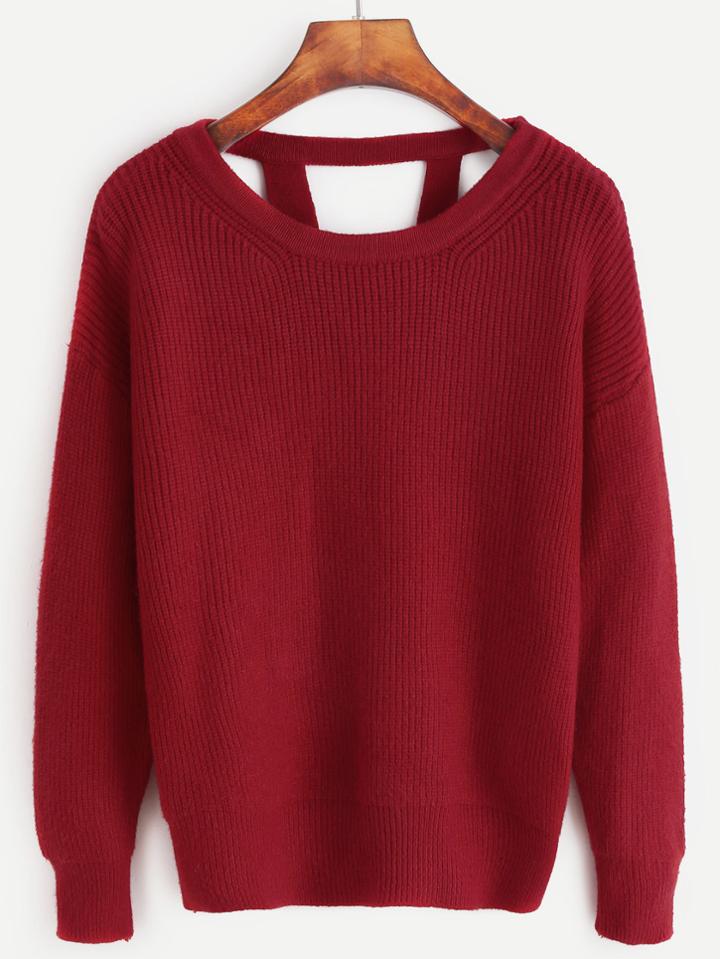 Shein Red Drop Shoulder Cut Out Back Sweater