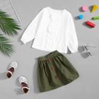 Shein Girls Frill Plain Blouse With Button Decoration Skirt