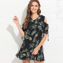 Shein Open Shoulder Pineapple Print Ruffle Hem Jumpsuit