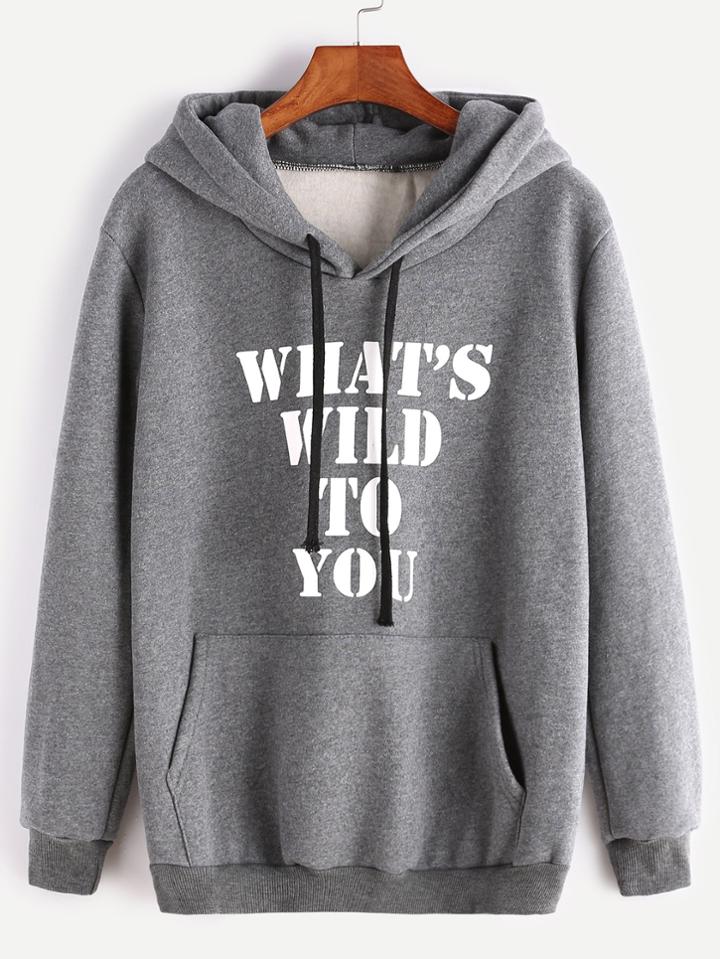 Shein Dark Grey Hooded Slogan Print Pocket Sweatshirt