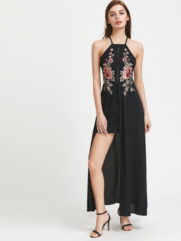 Shein Crisscross Back Ladder Cutout Embroidered Overlay Dress