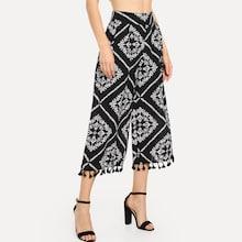 Shein Geo And Flower Print Tassel Hem Pants
