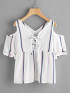 Shein Frill Striped Grommet Lace Up Smock Top