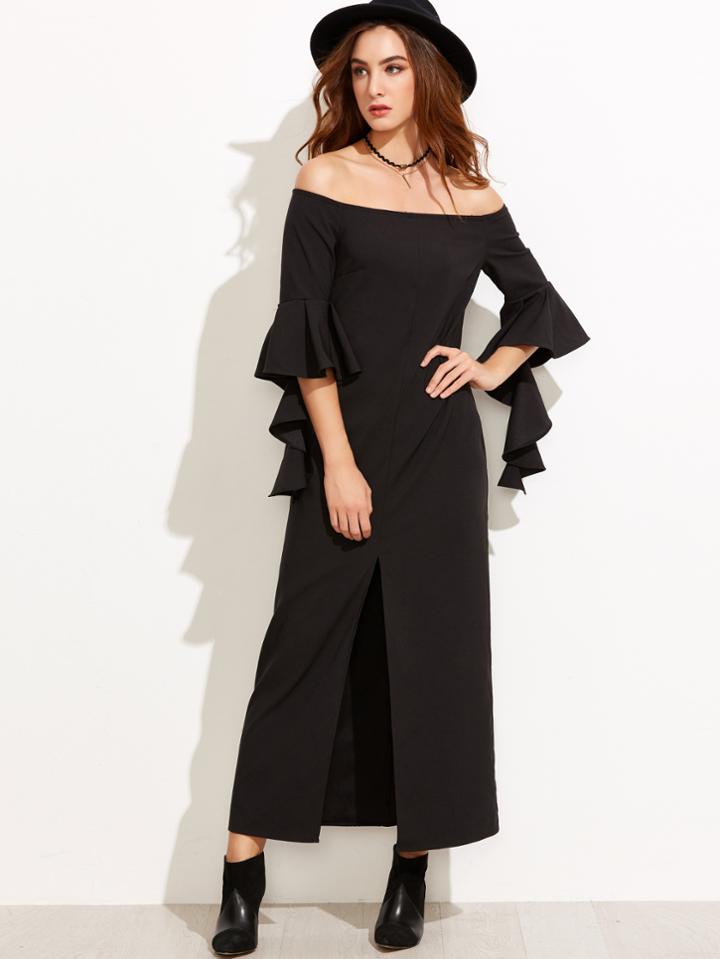 Shein Black Ruffle Sleeve Slit Front Off The Shoulder Dress