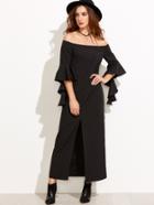 Shein Black Ruffle Sleeve Slit Front Off The Shoulder Dress