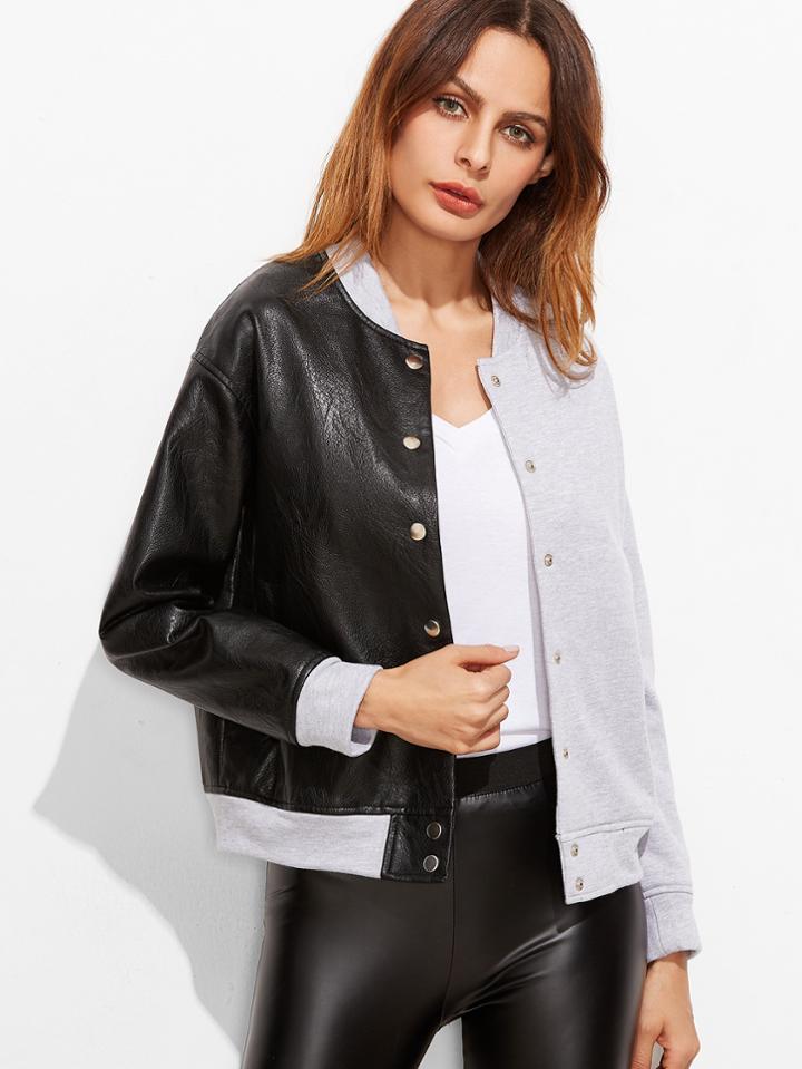 Shein Contrast Mixed Media Button Up Bomber Jacket