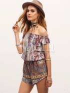 Shein Multicolor Off The Shoulder Vintage Print Jumpsuit