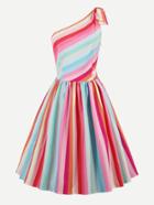 Shein Rainbow Stripe Oblique Shoulder Circle Dress
