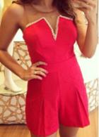 Rosewe Rose Red Strapless Faux Pearl Embellished Romper