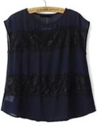 Shein Navy Eyelash Lace Chiffon Blouse