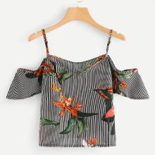 Shein Open Shoulder Floral Print Striped Blouse