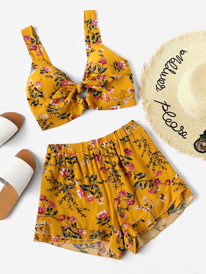 Shein Knotted Keyhole Front Calico Print Crop Top With Shorts