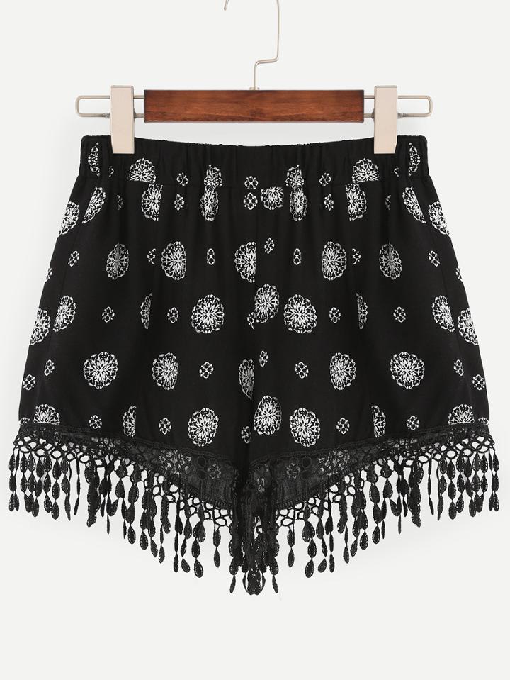 Shein Black Elastic Waist Vintage Print Fringe Shorts