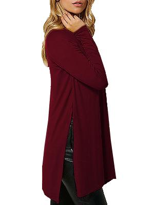 Shein Burgundy Round Neck Split Dip Hem T-shirt