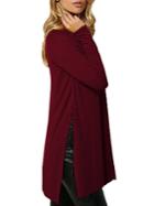 Shein Burgundy Round Neck Split Dip Hem T-shirt