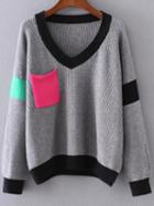Shein Grey Color Block V Neck Sweater With Pocket