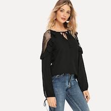 Shein Mesh Insert Ruffle Trim Blouse