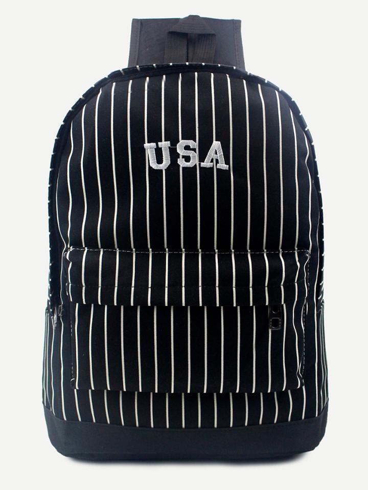 Shein Black Usa Canvas Navy Stripe Front Zipper Backpack