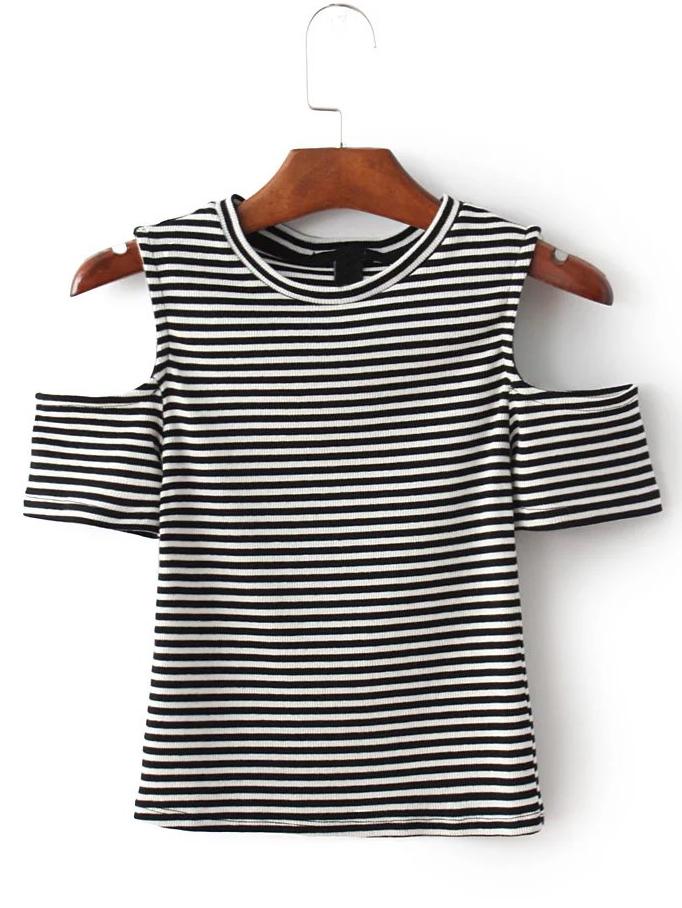 Shein Black And White Cold Shoulder Striped T-shirt