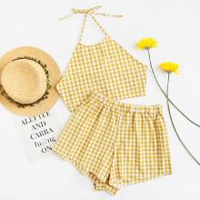 Shein Knot Back Halter Top With Shorts