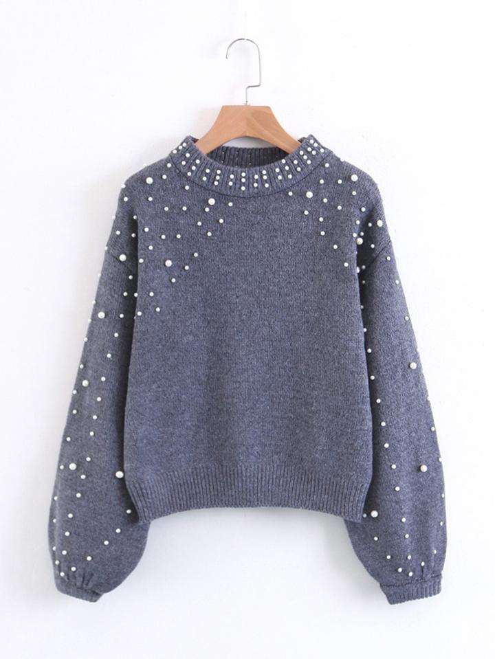 Shein Faux Pearl Embellished Lantern Sleeve Sweater