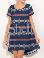 Shein Blue Short Sleeve Vintage Print Dip Hem Dress