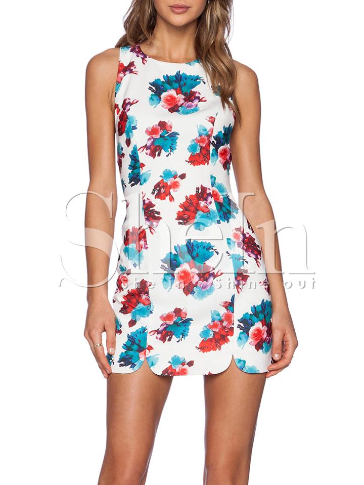 Shein Beige Sleeveless Floral Cut Out Back Dress