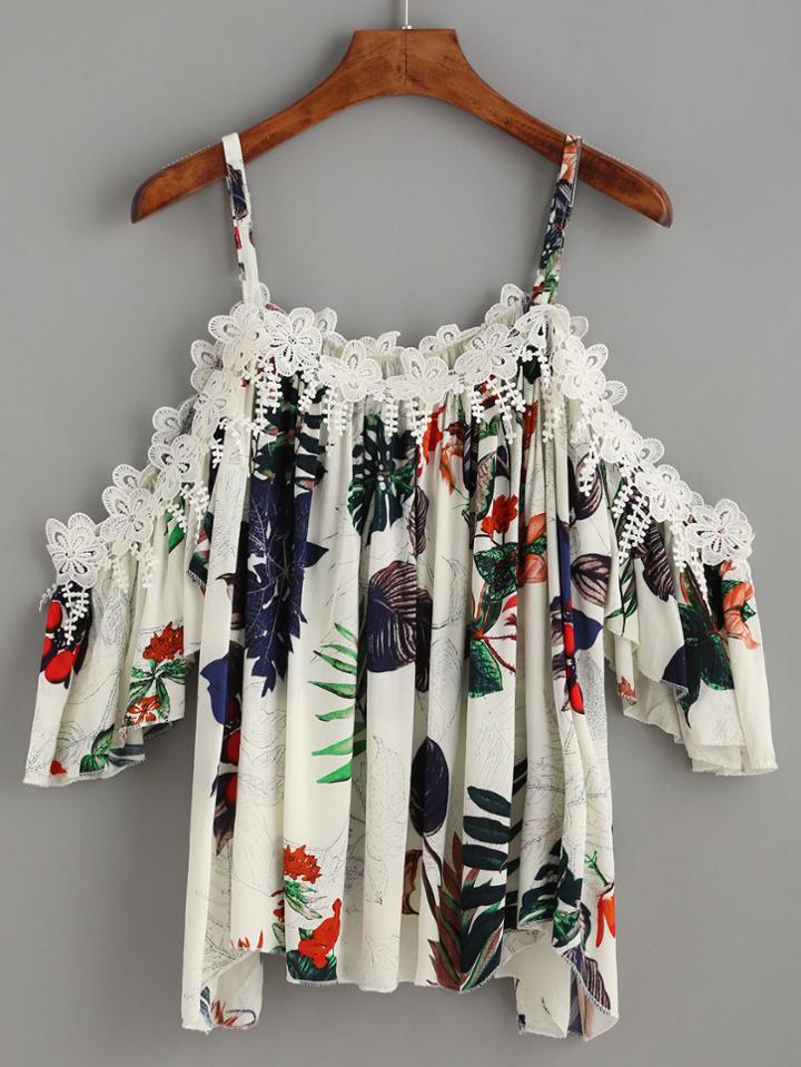 Shein White Tropical Print Crochet Applique Cold Shoulder Top