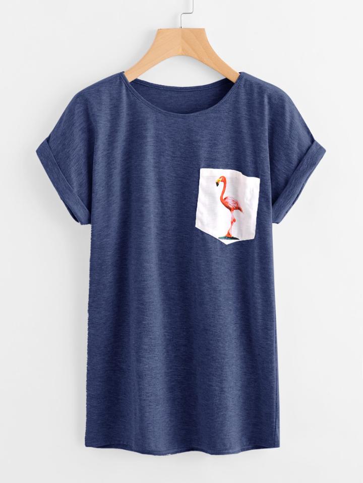 Shein Contrast Flamingo Print Pocket Marled T-shirt
