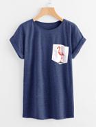 Shein Contrast Flamingo Print Pocket Marled T-shirt