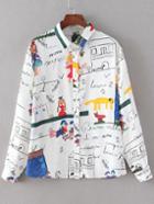 Shein All Over Cartoon Print Buttons Front Blouse