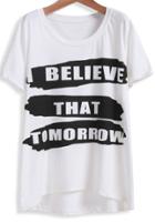 Shein White Short Sleeve Letters Print Dip Hem T-shirt