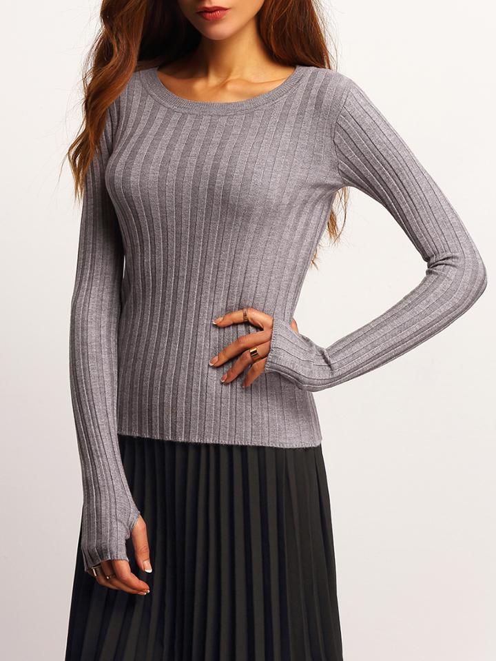 Shein Grey Round Neck Rib Slim Knitwear