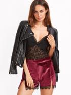 Shein Burgundy Contrast Lace Trim Slit Front Velvet Shorts
