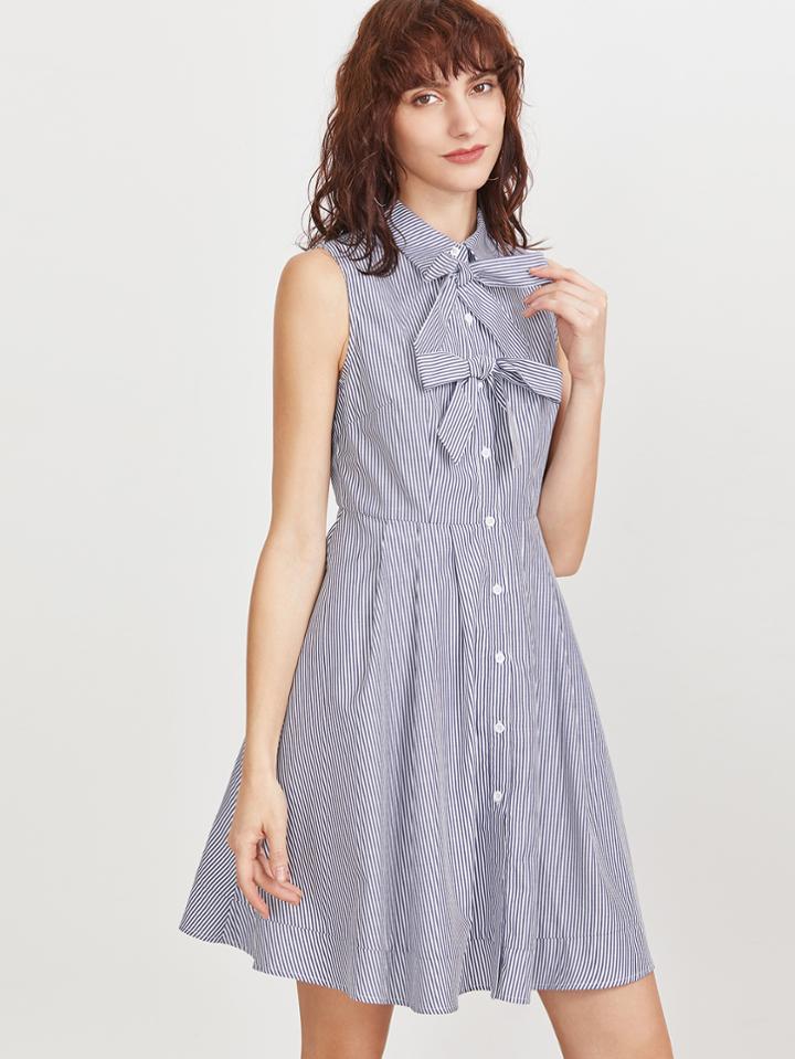 Shein Navy Striped Bow Detail Button Up Sleeveless Shirt Dress