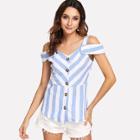 Shein Single Breasted Open Shoulder Striped Top