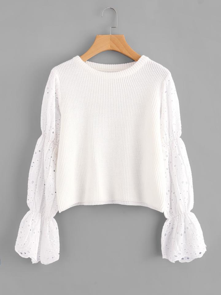 Shein Eyelet Embroidered Trumpet Sleeve Mixed Media Jumper