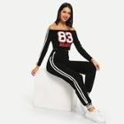 Shein Letter Print Off Shoulder Top And Striped Pants Set